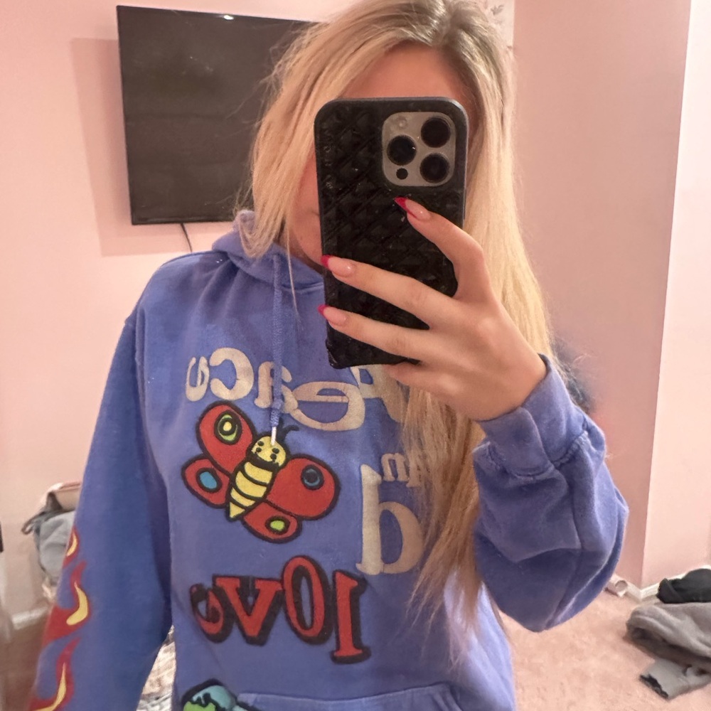Blue Graphic Hoodie with Butterfly Design